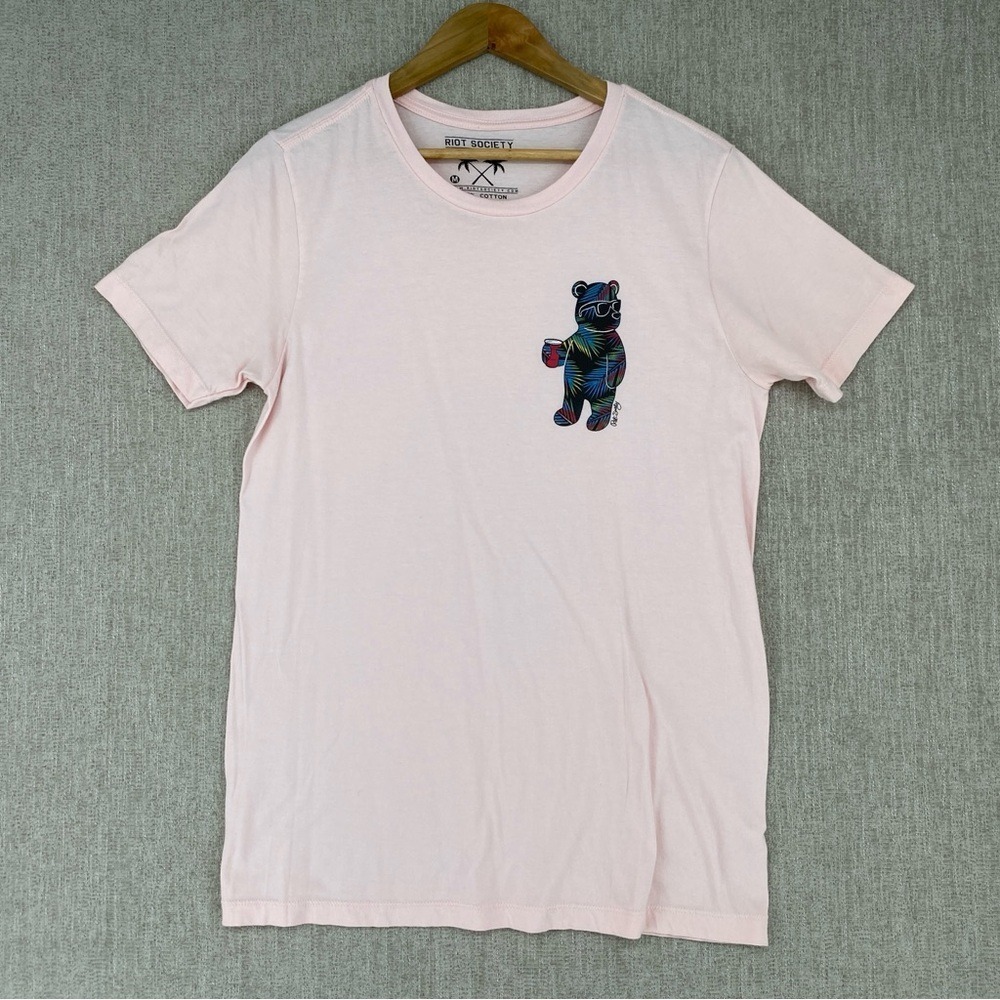 Riot Society Tropical Bear Graphic Tee Mens Medium Pink Short Sleeve‎ Cotton